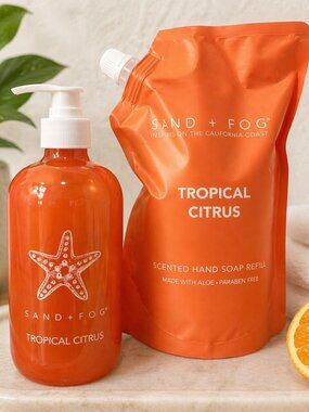 Sand + Fog Tropical Citrus Hand Soap Glass Bottle + Refill Set New